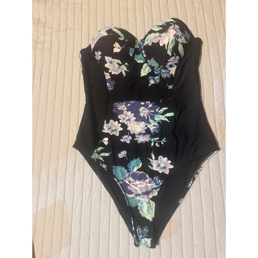 Cupshe Black Floral Print Padded Strapless One Piece Swimsuit medium‎ new w/tag